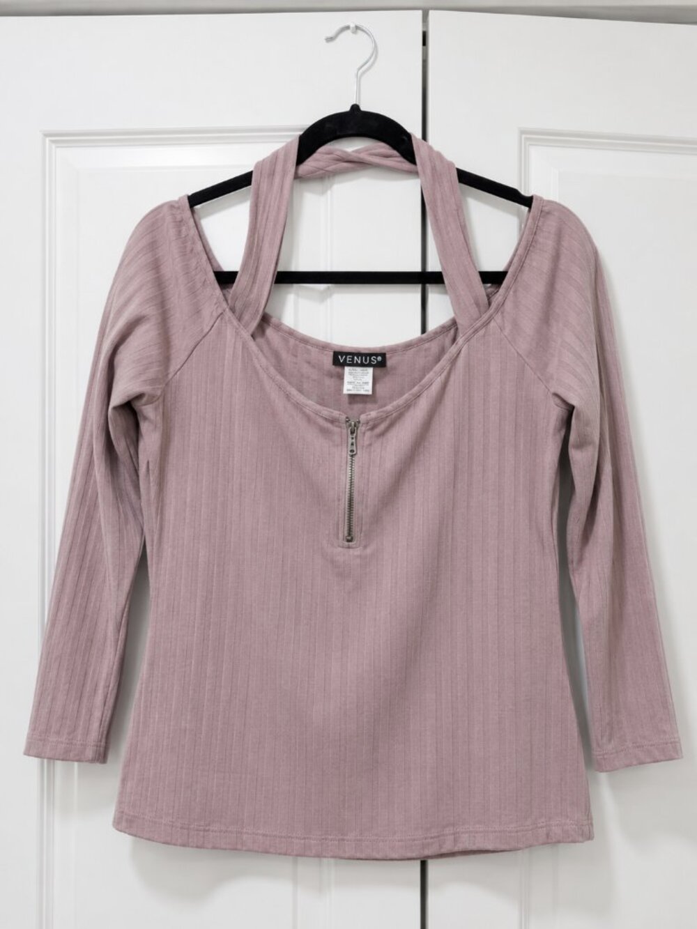 VENUS Women XL Ribbed Halter Long Sleeve Zip Front Top Mauve Pink Stretch
